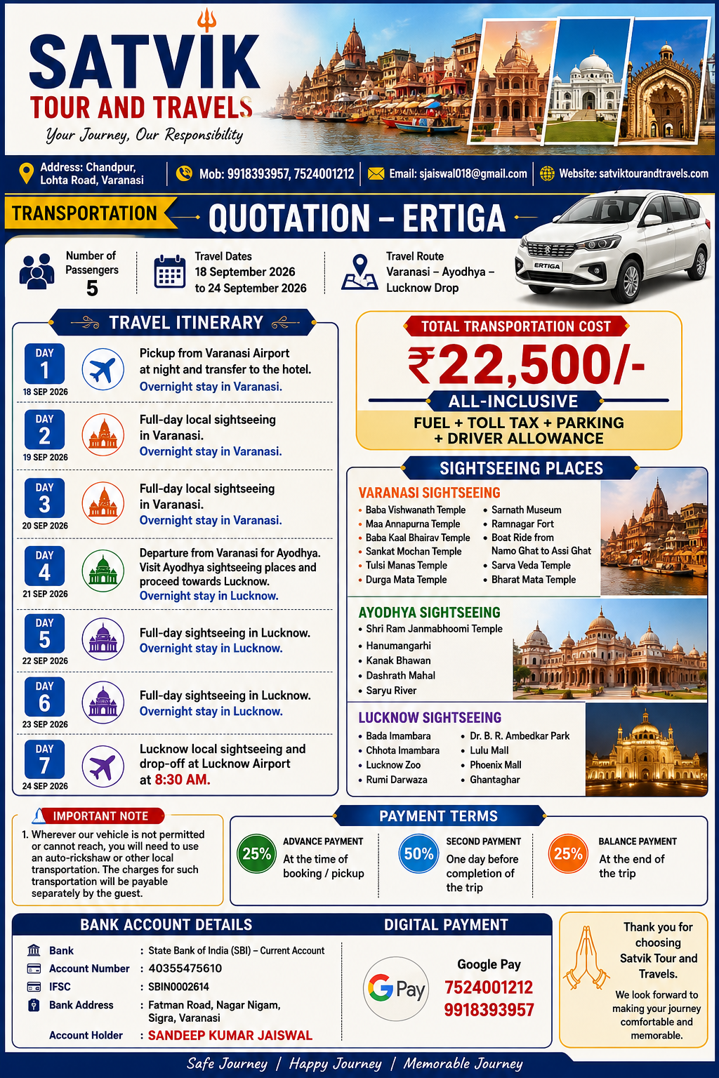 Varanasi ayodhya lucknow 6 night 7 days tour (ertiga) only cab price