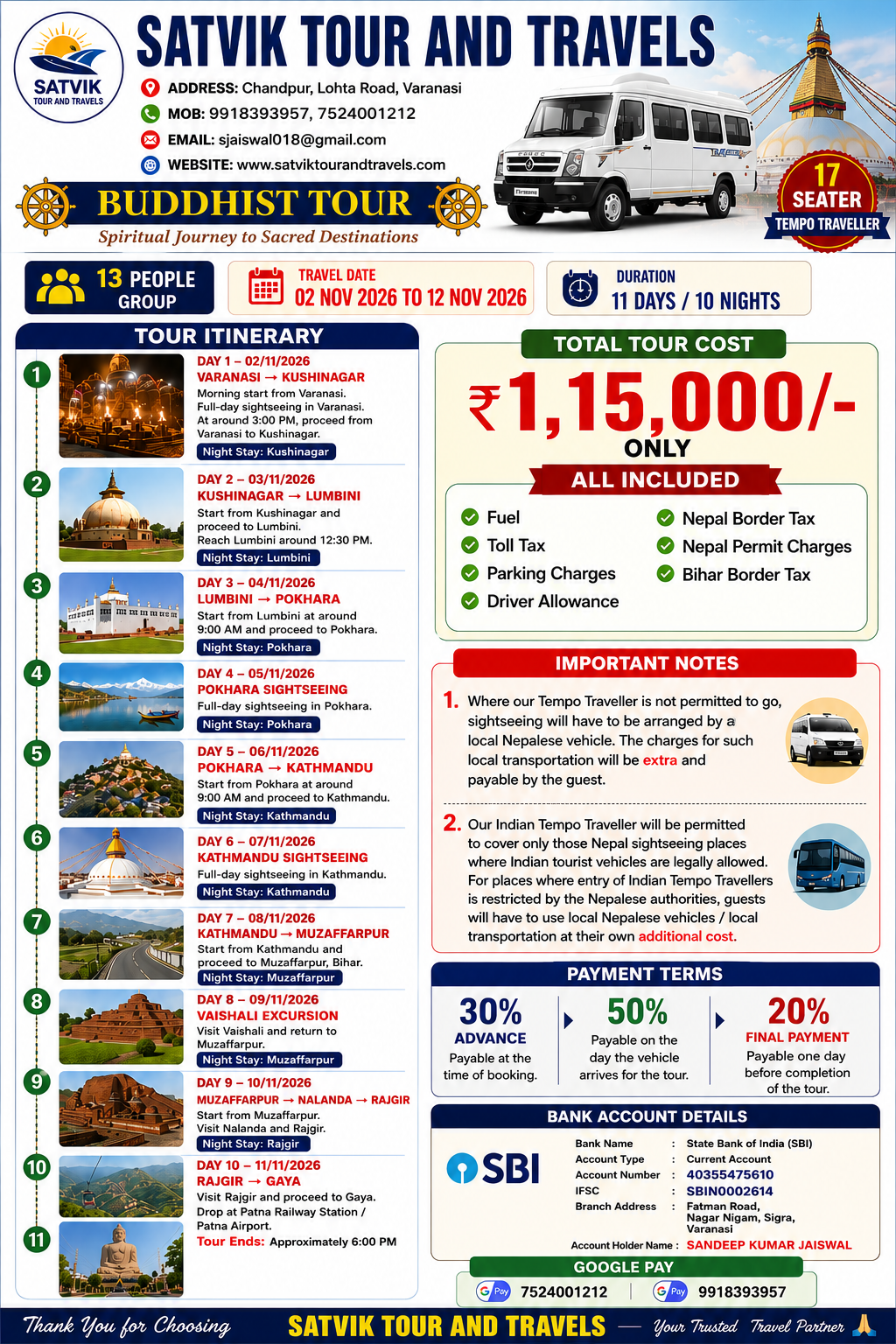 Buddhis Tour 17 Setaer Rate 10 Night 11 Days Program Varanasi Kushinagar Lumbini Pokhra Kathmandu Vaisali Nalanda Rajgir Gaya Patna Varanasi