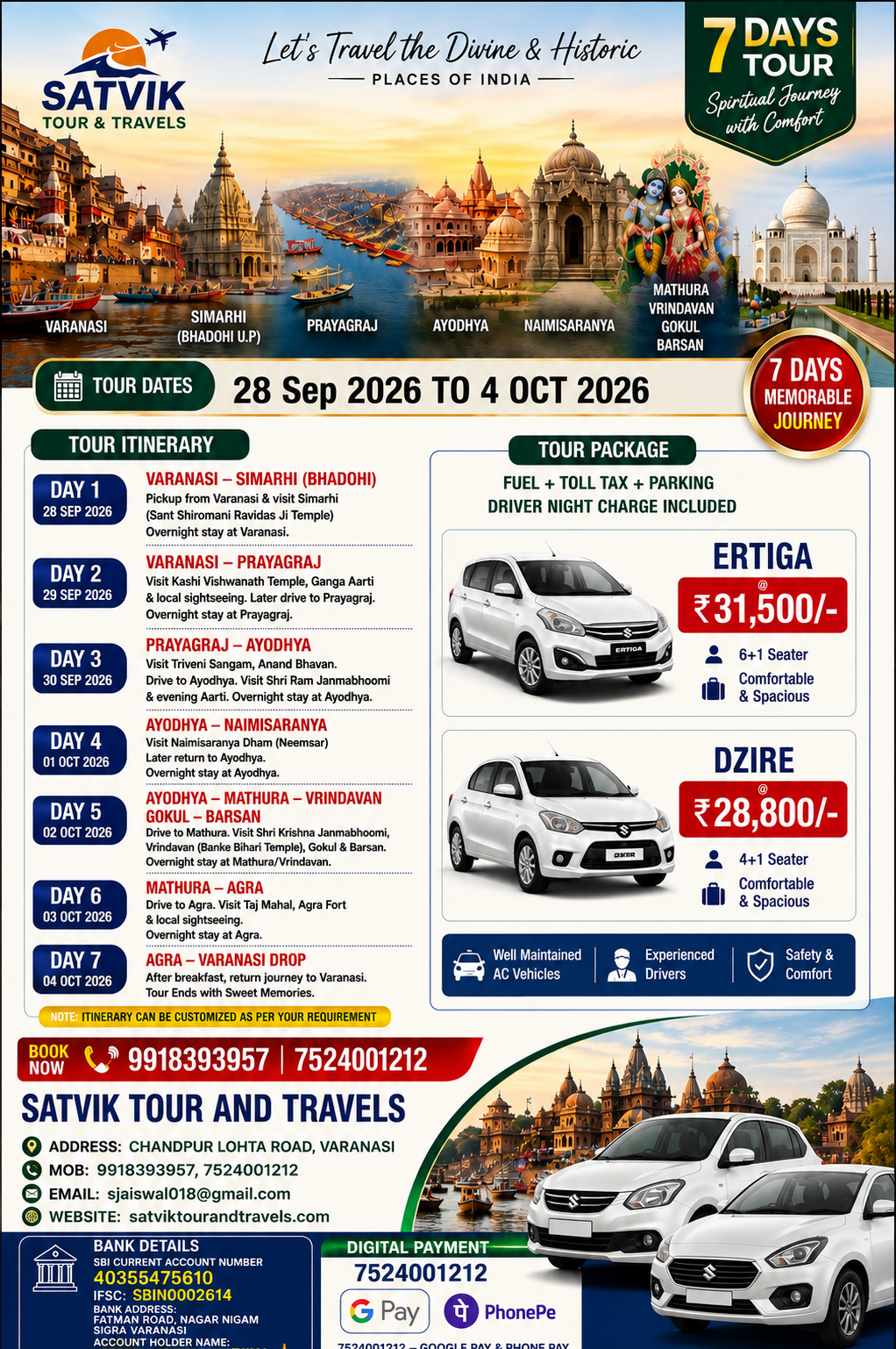 Varanasi Sitamadi Prayagraj Ayodhya Agra Mathura Varanasi Drop 6 Night 7 Days Tour By Ertiga/Dzire