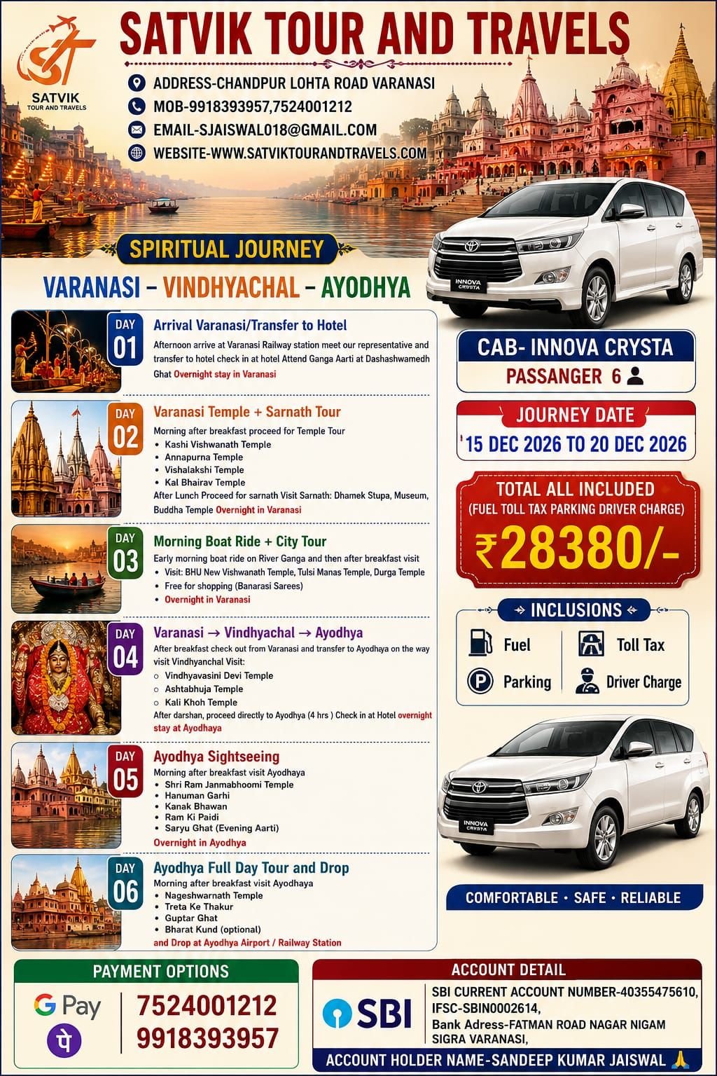 VARANASI VINDHYACHAL AYODHYA 5 NIGHT 6 DAYS TOUR BY INNOVA CRYSTA